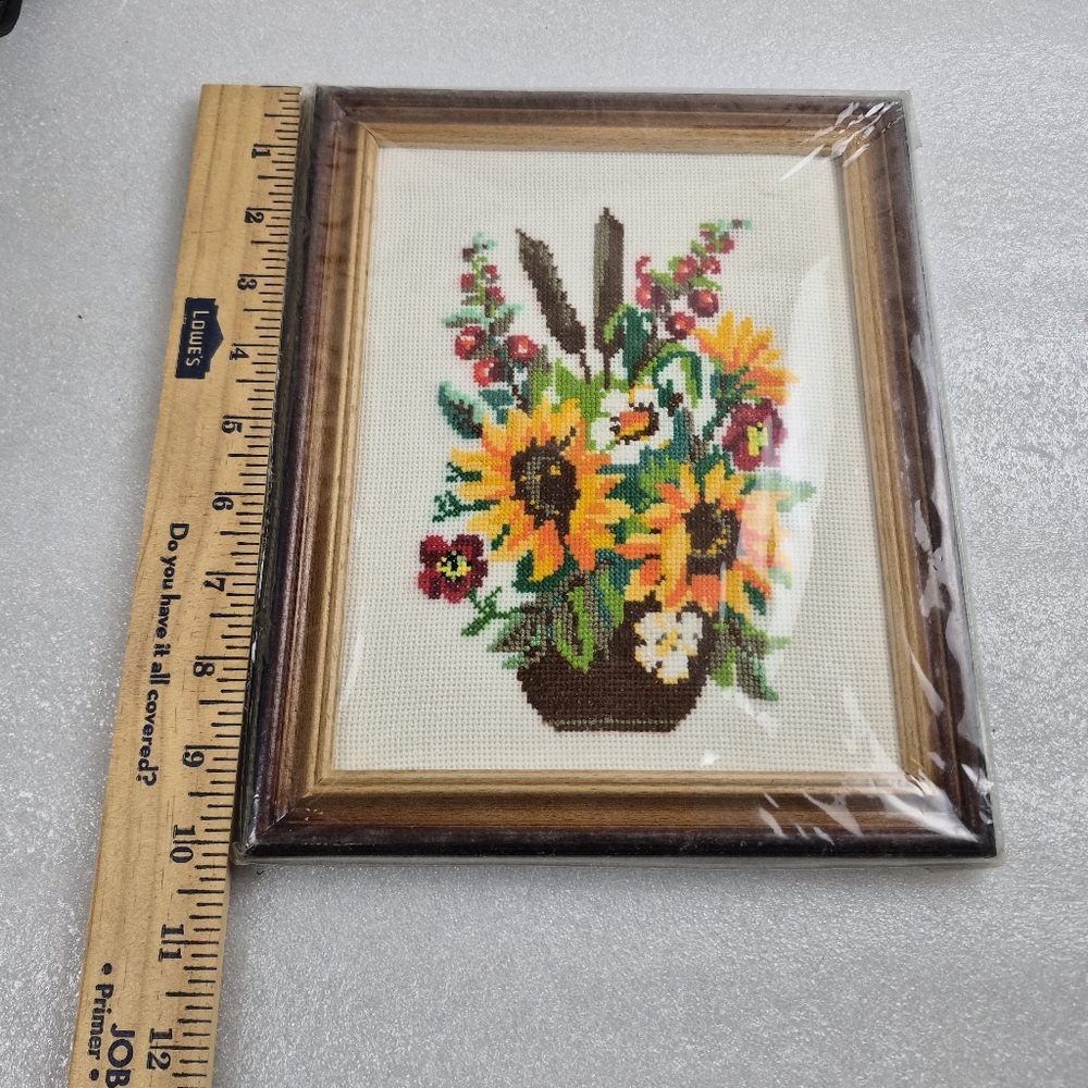 Vintage Framed Needlepoint Sunflowers & Wildflowers Handmade Embroidery Sealed - Picture 9 of 9